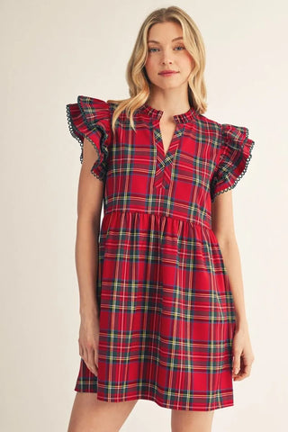 Jodifl Women's Red Plaid Ruffle Sleeve V-Neck Dress-Women's Dresses-Simply Blessed Children's Boutique