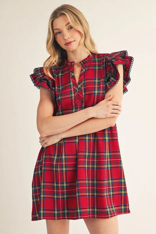 Jodifl Women's Red Plaid Ruffle Sleeve V-Neck Dress-Women's Dresses-Simply Blessed Children's Boutique