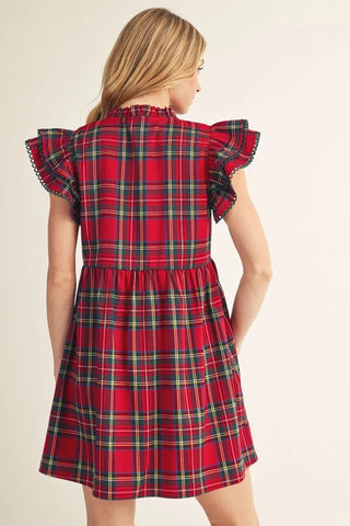 Jodifl Women's Red Plaid Ruffle Sleeve V-Neck Dress-Women's Dresses-Simply Blessed Children's Boutique