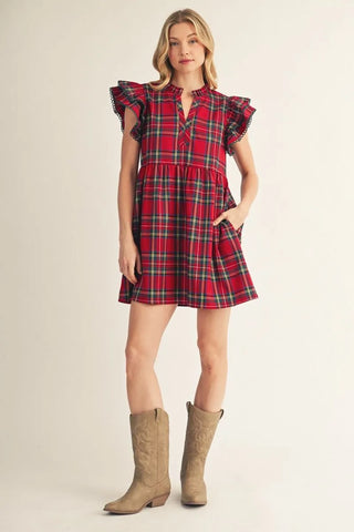 Jodifl Women's Red Plaid Ruffle Sleeve V-Neck Dress-Women's Dresses-Simply Blessed Children's Boutique