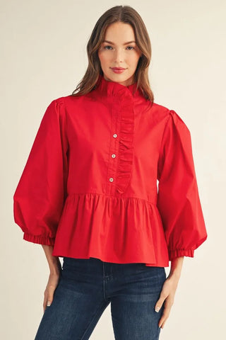 Jodifl Women's Red Puff Sleeve Ruffle Blouse-Women's Dresses-Simply Blessed Children's Boutique
