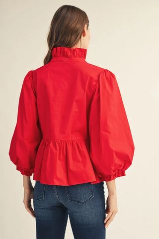 Jodifl Women's Red Puff Sleeve Ruffle Blouse-Women's Dresses-Simply Blessed Children's Boutique