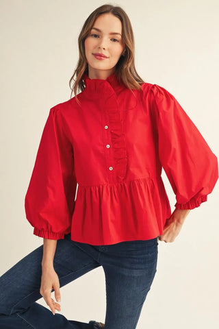 Jodifl Women's Red Puff Sleeve Ruffle Blouse-Women's Dresses-Simply Blessed Children's Boutique