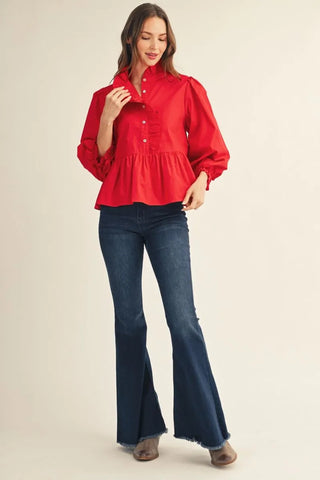 Jodifl Women's Red Puff Sleeve Ruffle Blouse-Women's Dresses-Simply Blessed Children's Boutique