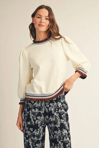 Jodifl Women's Solid Cream Top with Brown and Gray Trim-Women's Long Sleeve Shirts-Simply Blessed Children's Boutique