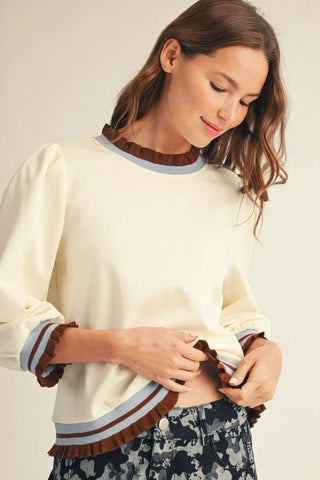 Jodifl Women's Solid Cream Top with Brown and Gray Trim-Women's Long Sleeve Shirts-Simply Blessed Children's Boutique