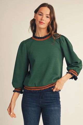 Jodifl Women's Solid Green Top with Orange and Navy Trim-Women's Long Sleeve Shirts-Simply Blessed Children's Boutique