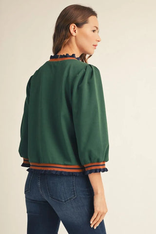 Jodifl Women's Solid Green Top with Orange and Navy Trim-Women's Long Sleeve Shirts-Simply Blessed Children's Boutique