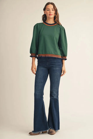 Jodifl Women's Solid Green Top with Orange and Navy Trim-Women's Long Sleeve Shirts-Simply Blessed Children's Boutique