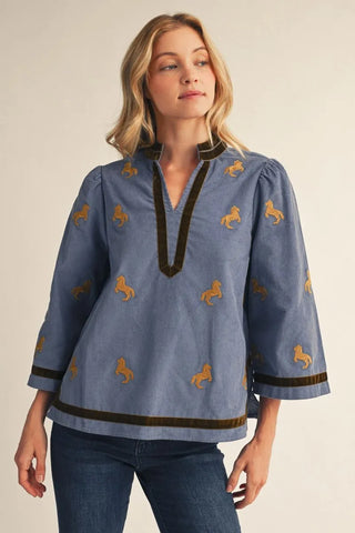Jodifl Women's Equestrian Print V-Neck Corduroy Top-Women's Long Sleeve Shirts-Simply Blessed Children's Boutique