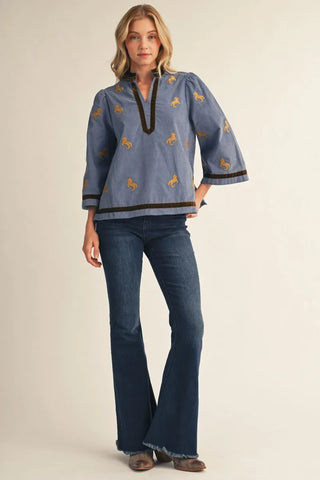 Jodifl Women's Equestrian Print V-Neck Corduroy Top-Women's Long Sleeve Shirts-Simply Blessed Children's Boutique