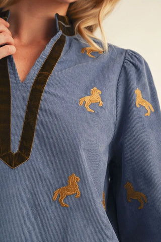 Jodifl Women's Equestrian Print V-Neck Corduroy Top-Women's Long Sleeve Shirts-Simply Blessed Children's Boutique
