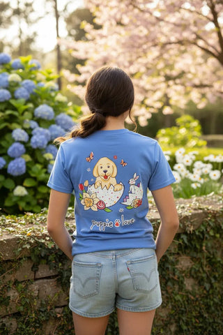 Kids Puppie Love Easter Egg Short Sleeve Shirt-Girls Graphic Tees-Simply Blessed Children's Boutique