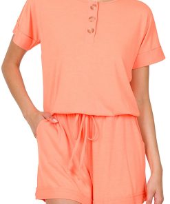 Ladies Neon Coral Romper with Pockets-Women's Outfit-Simply Blessed Children's Boutique