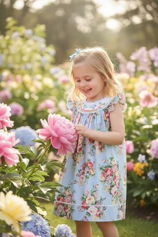 Light Blue Floral Smocked Angel-Sleeve Dress-Girls Dresses-Simply Blessed Children's Boutique
