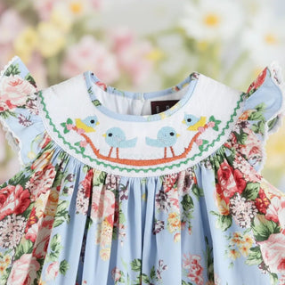 Light Blue Floral Smocked Angel-Sleeve Dress-Girls Dresses-Simply Blessed Children's Boutique