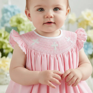 Light Pink Three Crosses Smocked Bishop Dress-Girls Dresses-Simply Blessed Children's Boutique