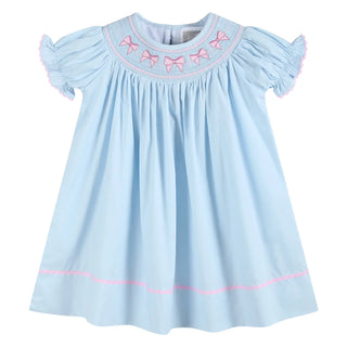 Lil Cactus Blue and Pink Bow Smocked Bishop Dress | A Southern Classic for Sweet Memories-Girls Dresses-Simply Blessed Children's Boutique