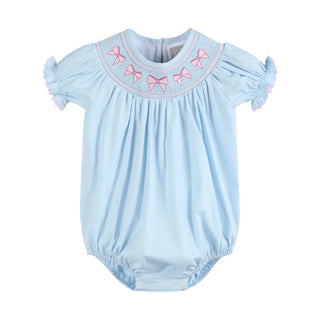 Lil Cactus Blue and Pink Bow Smocked Romper | Sweet Southern Style for Your Little Darling-Girls One-Piece-Simply Blessed Children's Boutique