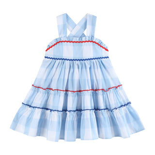 Lil Cactus Girls Patriotic Blue Gingham Tiered Sundress – 4th of July Holiday Edition-Girls Dresses-Simply Blessed Children's Boutique