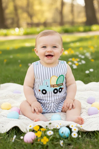 Lil Cactus Gray Striped Easter Egg Truck Shortalls-Boys One-Piece-Simply Blessed Children's Boutique