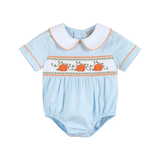 Lil Cactus Light Blue Pumpkin Vine Smocked Collared Bubbe-Boys One-Piece-Simply Blessed Children's Boutique