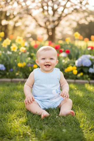 Lil Cactus Light Blue Seersucker Fuzzy Bunny Shortalls-Infants-Simply Blessed Children's Boutique