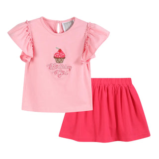 Lil Cactus Pink Birthday Girl Cupcake Shirt and Red Skort Set | Girls’ Birthday Outfit