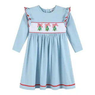 Lil Cactus Light Blue Christmas Tree Smocked Knit Dress