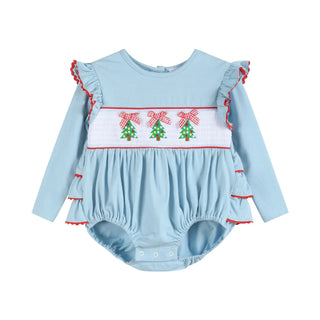 Lil Cactus Light Blue Christmas Tree Smocked Knit Ruffle Romper