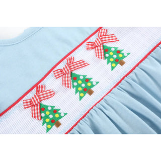Lil Cactus Light Blue Christmas Tree Smocked Knit Ruffle Romper