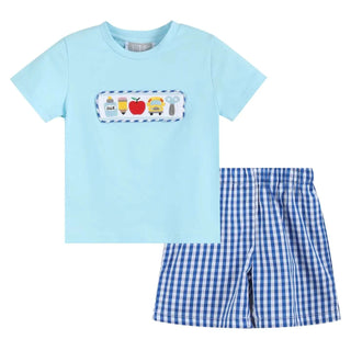 Boys light blue tee with school-themed appliqué and gingham shorts – perfect back-to-school outfit from Lil Cactus.