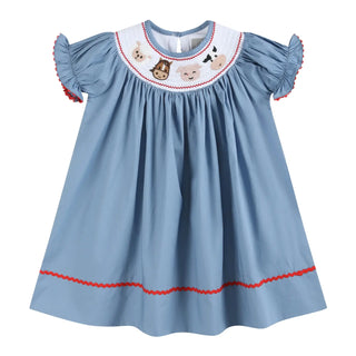 Lil Cactus Blue Farm Animal Smocked Bishop Dress | Country Charm Meets Classic Style