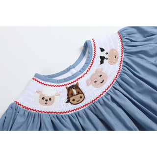 Lil Cactus Blue Farm Animal Smocked Bishop Dress | Country Charm Meets Classic Style