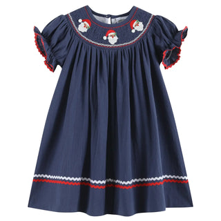 Lil Cactus Navy Blue Christmas Santa Smocked Bishop Dress