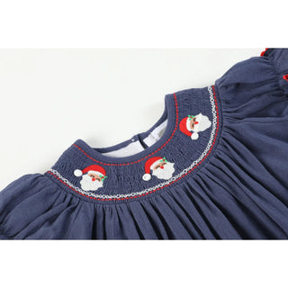 Lil Cactus Navy Blue Christmas Santa Smocked Bishop Dress