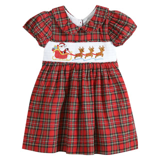 Lil Cactus Red Christmas Plaid Santa Sleigh Smocked Dress | Holiday Outfit for Girls