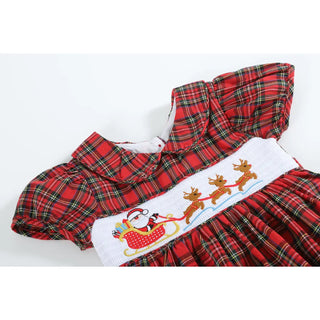 Lil Cactus Red Christmas Plaid Santa Sleigh Smocked Dress | Holiday Outfit for Girls