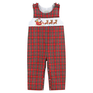 Lil Cactus Red Christmas Plaid Santa Sleigh Overalls | Holiday Outfit for Boys