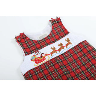 Lil Cactus Red Christmas Plaid Santa Sleigh Overalls | Holiday Outfit for Boys