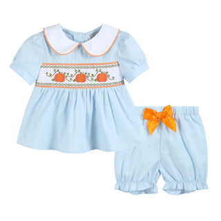 Lil Cactus Light Blue Pumpkin Vine Smocked Dress and Bloomers Set