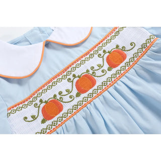Lil Cactus Light Blue Pumpkin Vine Smocked Dress and Bloomers Set