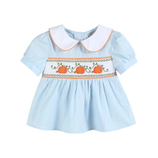 Lil Cactus Light Blue Pumpkin Vine Smocked Dress and Bloomers Set