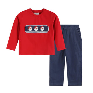Lil Cactus Christmas Santa Smocked Shirt and Navy Pants Set