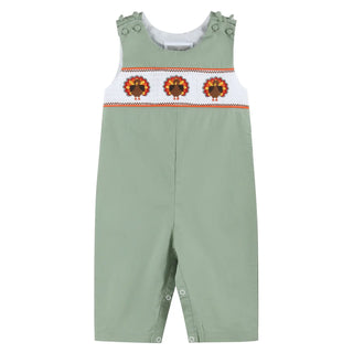 Lil Cactus Sage Green Turkey Smocked Overalls | Festive Thanksgiving Outfit for Boys