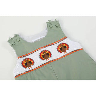 Lil Cactus Sage Green Turkey Smocked Overalls | Festive Thanksgiving Outfit for Boys
