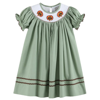 Lil Cactus Sage Green Turkey Smocked Bishop Dress | Girls’ Thanksgiving Outfit