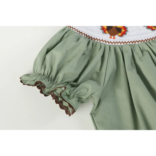 Lil Cactus Sage Green Turkey Smocked Bishop Dress | Girls’ Thanksgiving Outfit