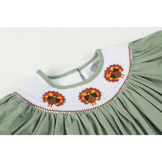 Lil Cactus Sage Green Turkey Smocked Bishop Dress | Girls’ Thanksgiving Outfit