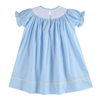 Light blue baby girl smocked dress with Easter embroidery featuring chicks, bunnies, and flowers, short puff sleeves and scalloped trim.